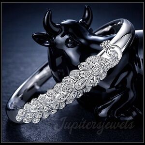 New Silver Pavé Exotic Peacock Bird Open Sculpted Bangle Bracelet